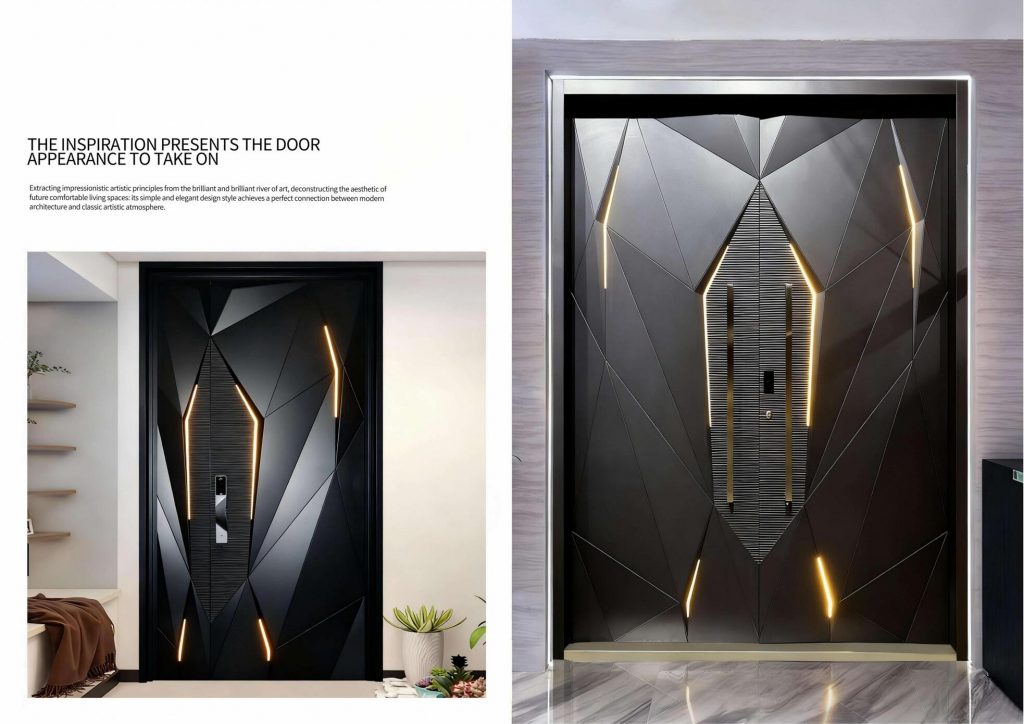 Тансаг төмөр хаалга, энэ нь хар саарал өнгийн загварынх, өнгө загварын өргөн сонголттой. Танай тансаг амьдралд өнгө нэмнэ.