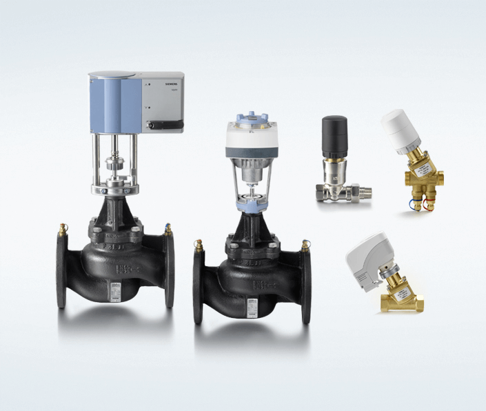 Таван төрлийн TCV-Siemens（температур тохируулах автомат хаалт ⁄ хавхлага）-ыг нэг дор нэтгэж харуулсан фото, хоёр том хаалт, гурван жижиг хаалттай, дэсвэр фон нь цагаан цайвар өнгөтэй.